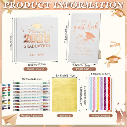 Pajean Graduation Guest Book Set Class of 2026 Memory Scrapbook with Photo Guest Book Sign Dual Tip Pens Photo Corner Stickers Grad Cap Stickers for Grad Party Decorations Supplies Gifts (Black)
