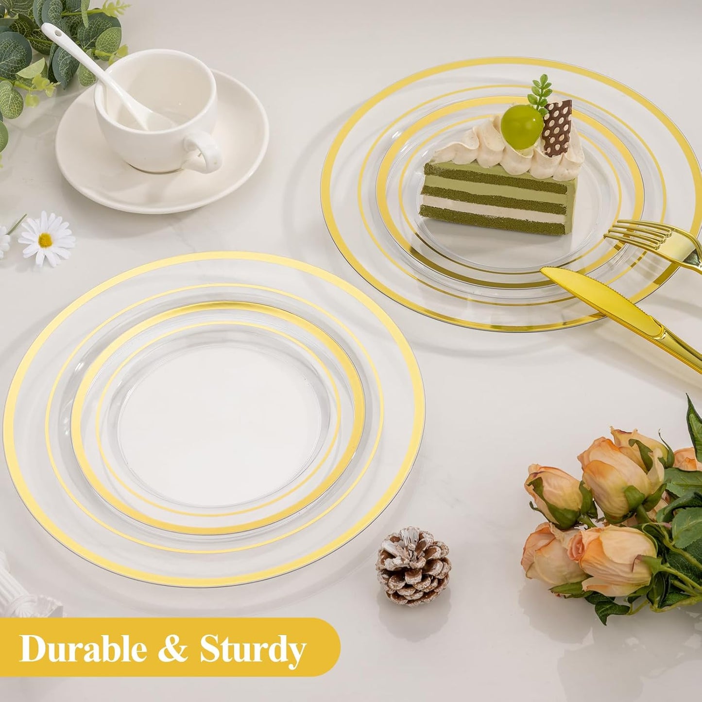 Goodluck 200PCS Gold Plastic Plates, Heavy Duty Disposable Gold Plates with 100 10.25 inch Dinner Plates and 100 7.5 inch Dessert Plates for Party, Holiday, Wedding, Thanksgiving