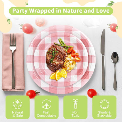LANLISA 50 Pcs Pink Paper Plates Disposable, 25-9" & 25-7" Disposable Birthday Cake Dessert Plates For Valentines Day, Baby Shower, Easter Party, Mothers Day Party Supplies