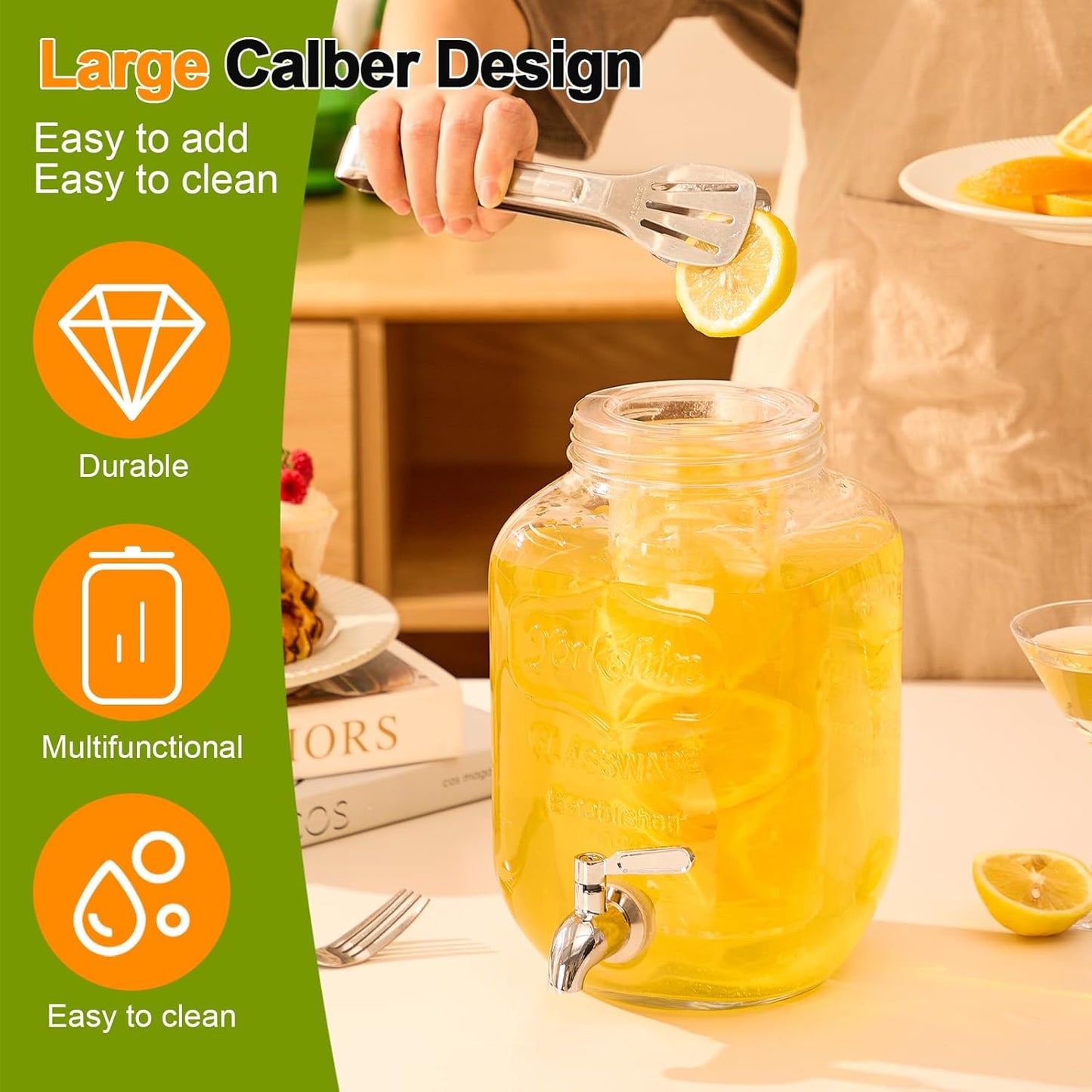 1 Gallon Glass Drink Dispensers for Parties, 2PACK Beverage Dispenser with Stand, Fruit Infuser and Stainless Steel Spigot 100% Leakproof, Beverage Dispenser for Lemonade Sun Tea