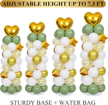 2 Sets 7FT Balloon Column Stand Kit with 103PCS Balloons – Adjustable Metal Balloon Tower with Weighted Base & Water Bags (Avocado Green & Gold)