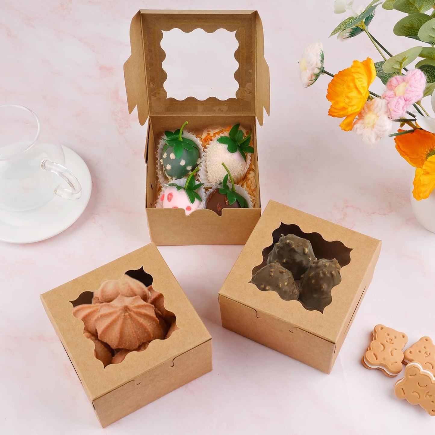 WINKIO 24pcs White Cookie Boxes, 4x4x2.5 Inches Bakery Boxes with Window, for Mini Cake Treat Dessert Pastry Donuts Macaroon Strawberries Chocolate Candy (with Stickers)
