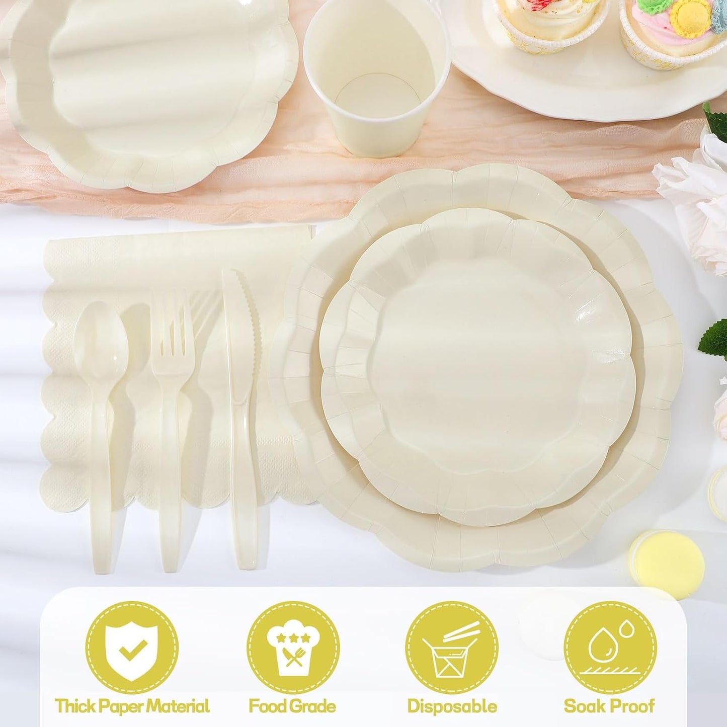 NatNarr 175 Pcs Sage Green Plates and Napkins Set, 25 Guest Sage Green Party Supplies Include Scalloped Paper Plate Napkin Cup Forks Knives Disposable Plastic Cutlery for Wedding Baby Shower Birthday