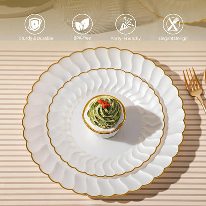 Lullaby 60PCS Ivory Scalloped Plastic Plates with Gold Rim, Disposable Elegant Plates Include 30pcs Dinner Plate 10.25", 30pcs Plastic Dessert Plate 7.5", Perfect for Wedding and Party