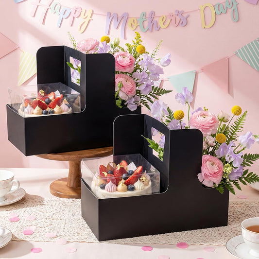 Qinyoung 12 Sets Mother's Day Flower Gift Box Cake Flower Gift Boxes with 12 Pcs Transparent PVC Cake Boxes Mother's Day Box for Teacher,Mom Wedding, Birthday Party(White,Classic,Blank)