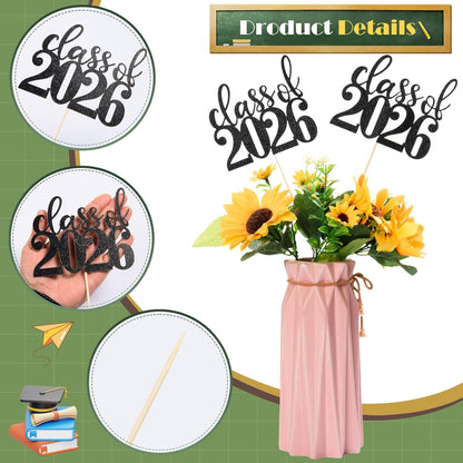 MixTeach 12 Pack Class of 2026 Graduation Centerpieces for Tables 2026 Glitter Graduation Centerpieces Sticks Graduation Party Table Topper for 2026 Graduation Table Party Decorations Supplies, Black