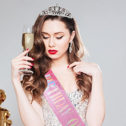 COCIDE Birthday Queen Sash & Rhinestone Tiara Set Gold Happy Birthday Crowns for Women Party Decoration Kit Rhinestone Headband for Women Glitter Crystal Hair Accessories for Cake Topper