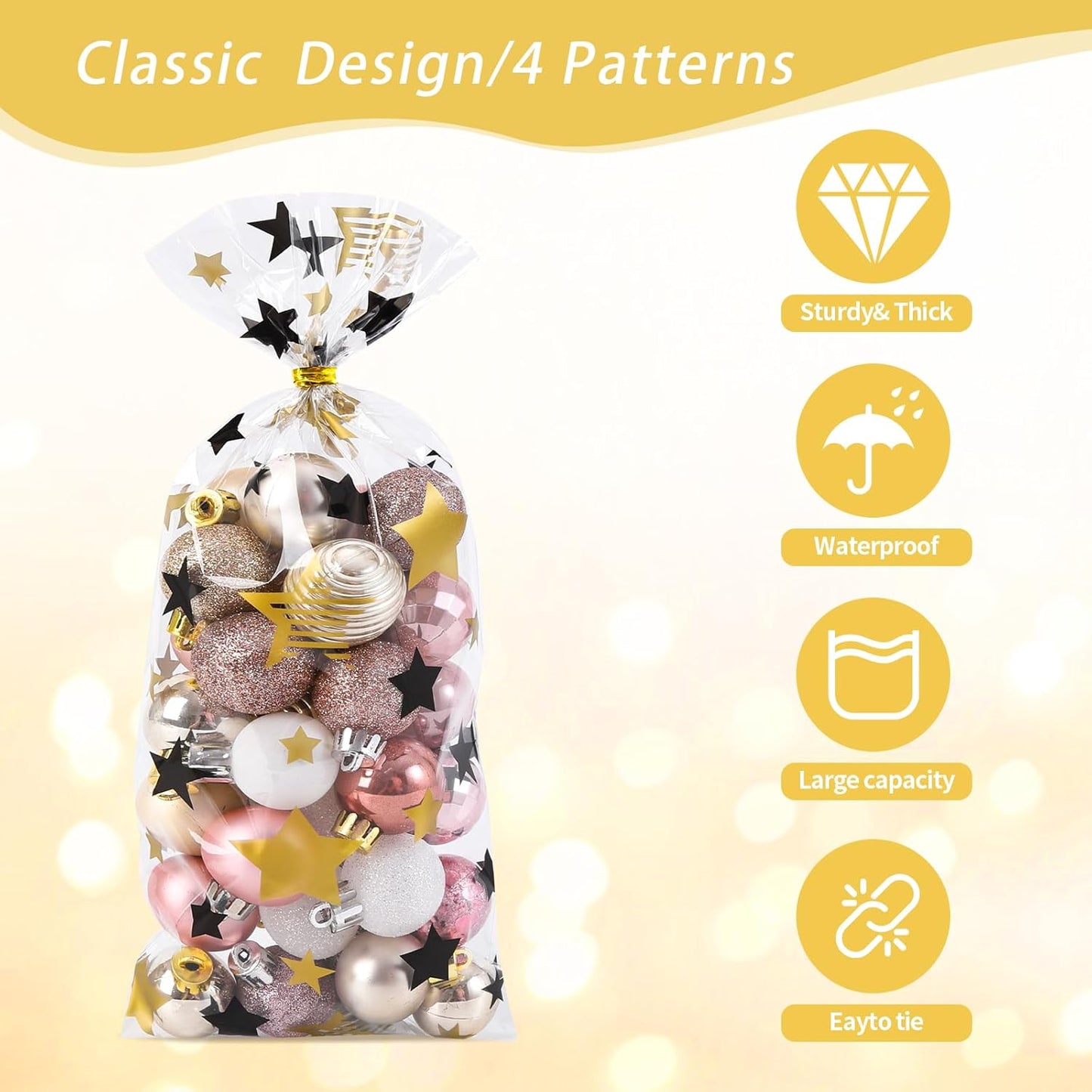 100 Pcs Star Printed 5"X 7" Gift Wrap Cello Cellophane Treat Bags Party Favor bags Clear Candy Cookie Bag Plastic Poly Goodie Storage Bag with Twist Ties for Bakery,Birthday, Wedding ,Party Decorations (Gold)