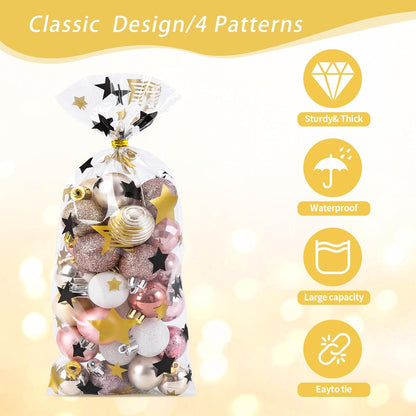 100 Pcs Star Printed 5"X 7" Gift Wrap Cello Cellophane Treat Bags Party Favor bags Clear Candy Cookie Bag Plastic Poly Goodie Storage Bag with Twist Ties for Bakery,Birthday, Wedding ,Party Decorations (Gold)