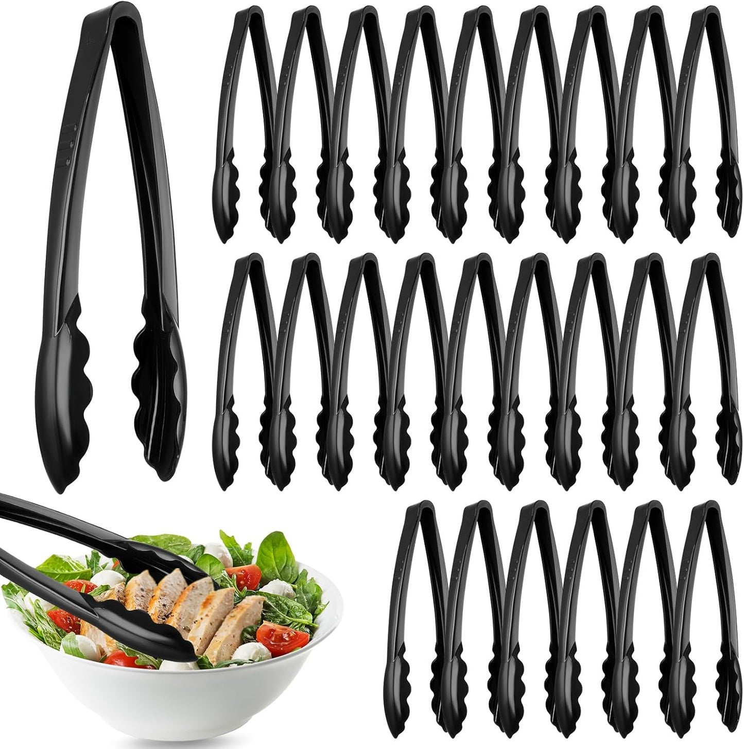 Tessco for you 25 Pcs Plastic Tongs for Serving Bulk, 9 Inch Plastic Disposable Serving Tongs, Heavy Duty Salad Tong for Kitchen, Buffet, BBQ, Events & Catering (White)