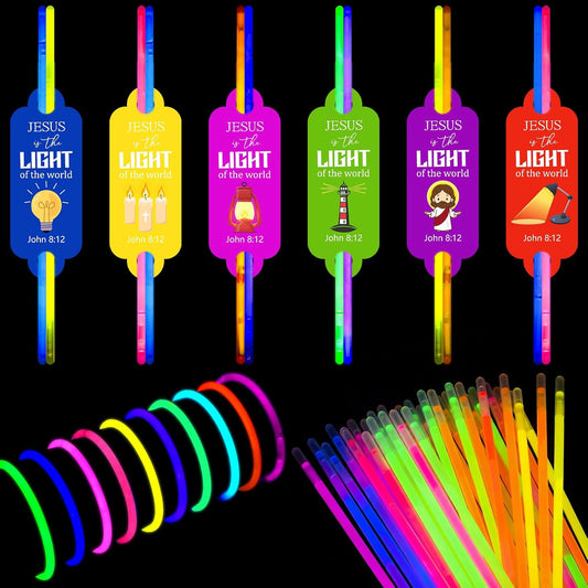 Civaner 48 Packs 2026 Vbs Decorations Christian Gifts Cards with 100 Light Sticks Jesus Is The Light of The Word Cards Glow in The Dark Party Favors Religious Bible Verse Sticks for Vbs Neon Supplies