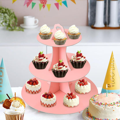 Soleebee 3-Tier Round Cupcake Stand, Cardboard Cupcake Tower, Dessert Cup Cake Stand Tower for Birthday Wedding Party Decoration, Cupcake Tier Stand 1 Set (Hot Pink)