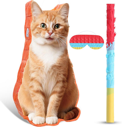 Sotiff Cat Piñata, Cat Party Piñata Game Set, Kitten Theme Piñata Pet Birthday Decoration with Bat Stick Blindfold Mask for Kitten Theme Pet Birthday Party Piñata Decoration Supplies(Orange)