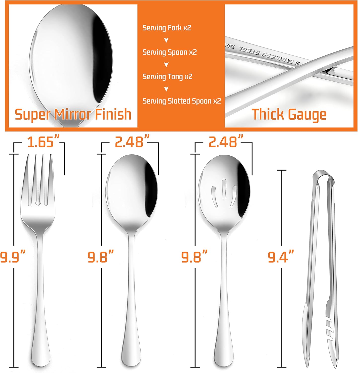 Large Black Serving Utensils Set of 12, E-far Stainless Steel 9.8 Inch Serving Spoons Slotted Spoon, 9.9 Inch Forks, 9.4 Inch Tong for Buffet Catering, Mirror Finish & Dishwasher Safe