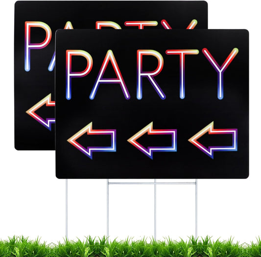 Double-Sided Party Signs 17 x 13'' With Metal H Stakes - Waterproof Corrugated Plastic Birthday Direction Signs - This Way Arrow Yard Sign (2 Packs)