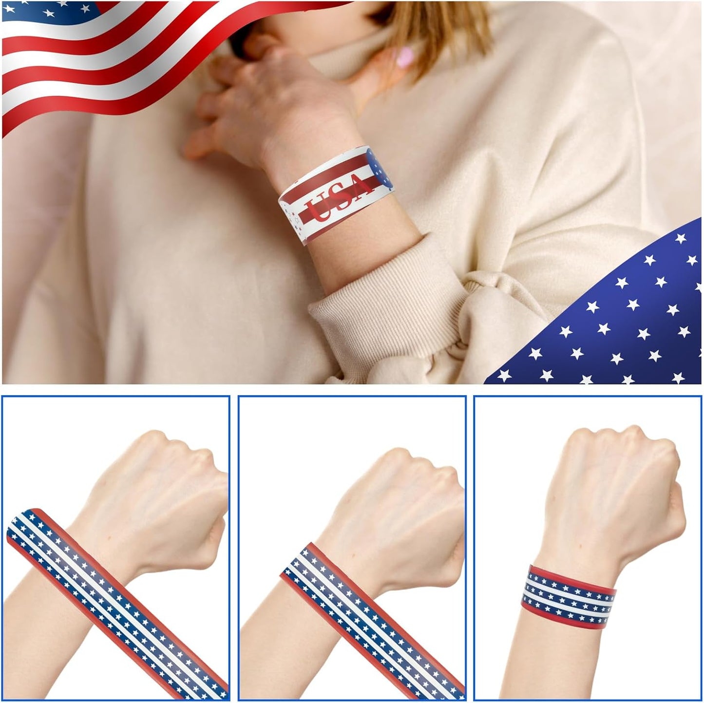 48 Pcs 4th of July Slap Bracelets Party Favors Patriotic Snap Bracelet Bulk Red White Blue American Flag Independence Day Party Supplies Exchanging Gifts Classroom Prizes