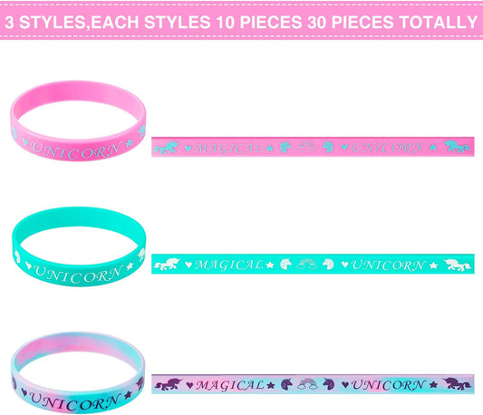 BBTO 30 Pieces Magical Unicorn Silicone Wristbands Animals Parties Bracelets Vibrant Rainbow Wristbands for Magic Unicorn Themed Parties