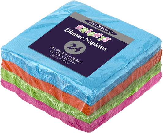 Party Essentials 2-Ply Disposable Four Fold Square Color Paper Dinner Napkins, 15.75" x 15.75" Unfolded for Party and Every Day Use, 96 Count, Assorted Neon Brights