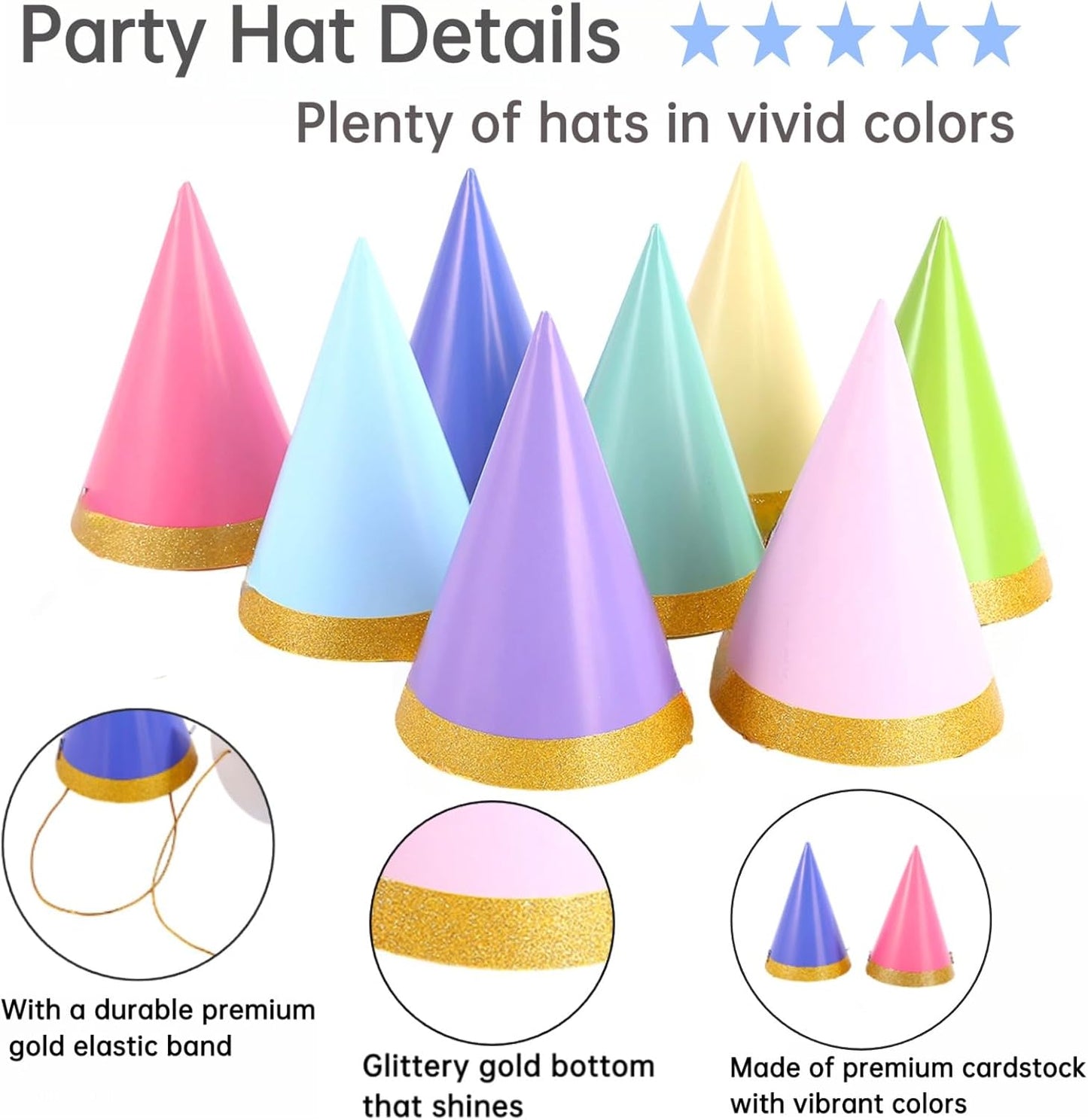 Pre-Assembled Pastel Party Hats for Kids, Birthday Party Hats for Adults