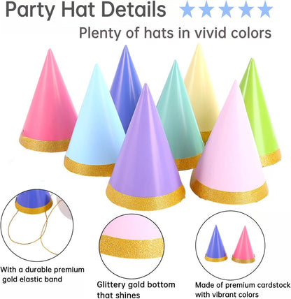 Pre-Assembled Pastel Party Hats for Kids, Birthday Party Hats for Adults