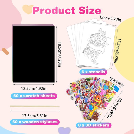DOTTA - 114pcs Rainbow Scratch Art Paper for Kids 4-12 Years Old, Black Magic Scratch Notes, Personalized Stencils & Stickers for Birthday, Christmas Gift, Classroom Party Games Activities