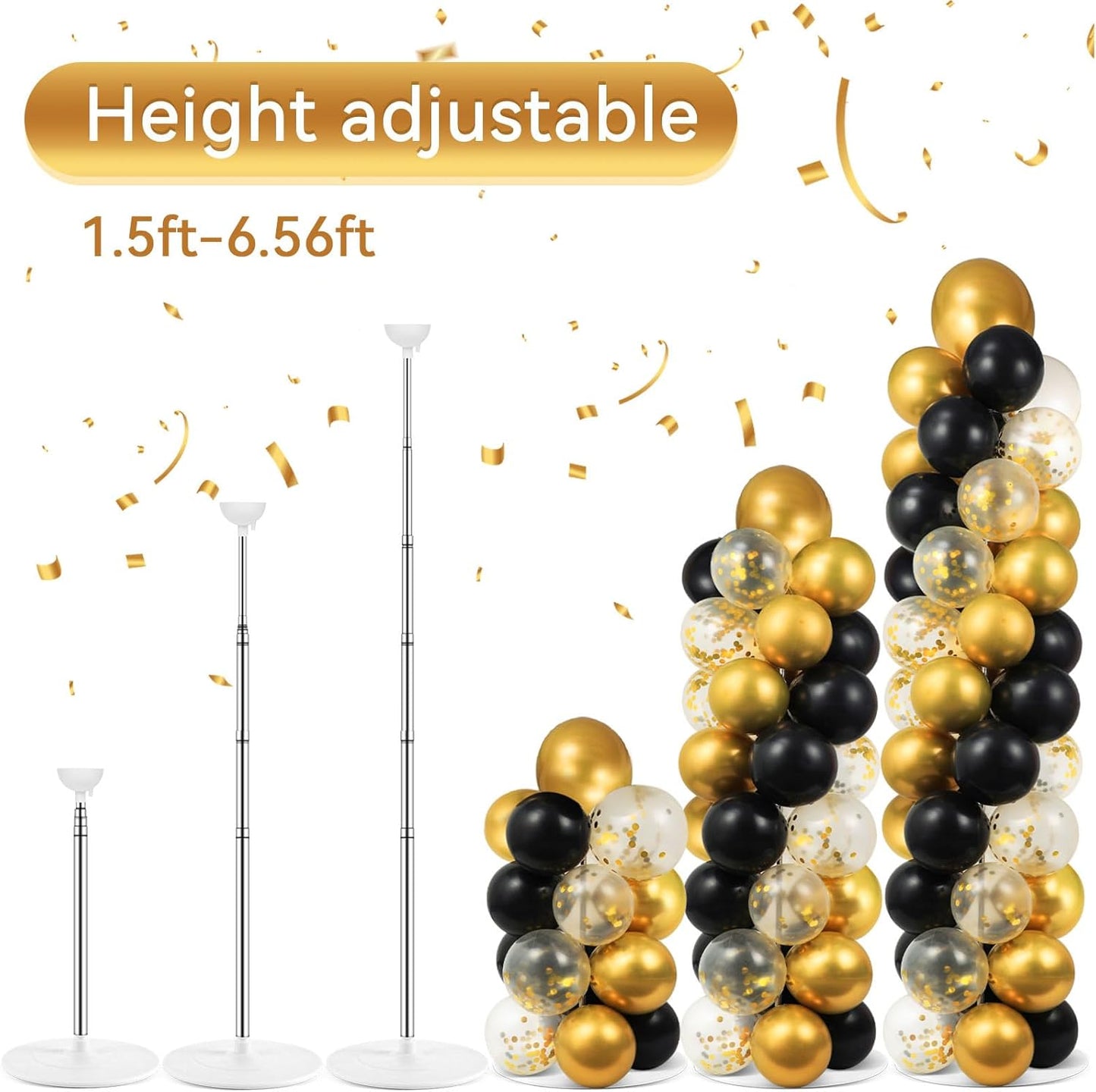 2 Set Black and Gold Balloons Column Stand Kit with 100 Balloons Adjustable Balloon Stand with Bases for Floor Black Gold Confetti Balloon Column Kit for Bridal Shower Valentine Birthday Party Decor