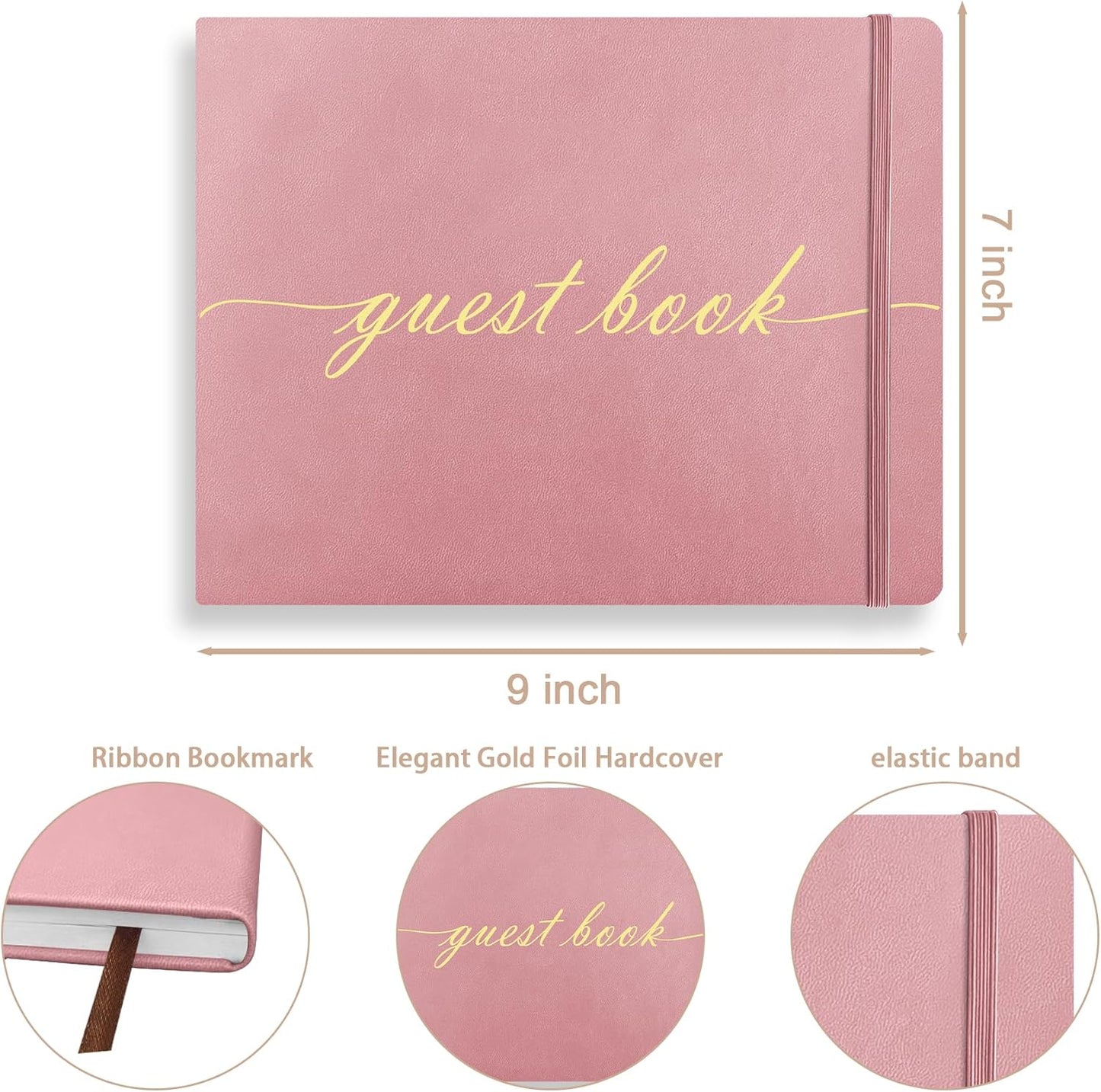 Elegant Wedding Guest Book - Perfect for Wedding Receptions, Baby Showers, Birthdays and Special Events - 7" x 9" Sign in Book - 120 Lined Pages - Leather Hardcover - Pink