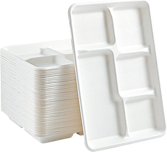 Vplus 100% Compostable 5 Compartment Paper Plates, 100 Pack, 12.5 x 8.6 inch Disposable School Lunch Trays, Eco-Friendly Bagasse Plates for Buffet, and Party
