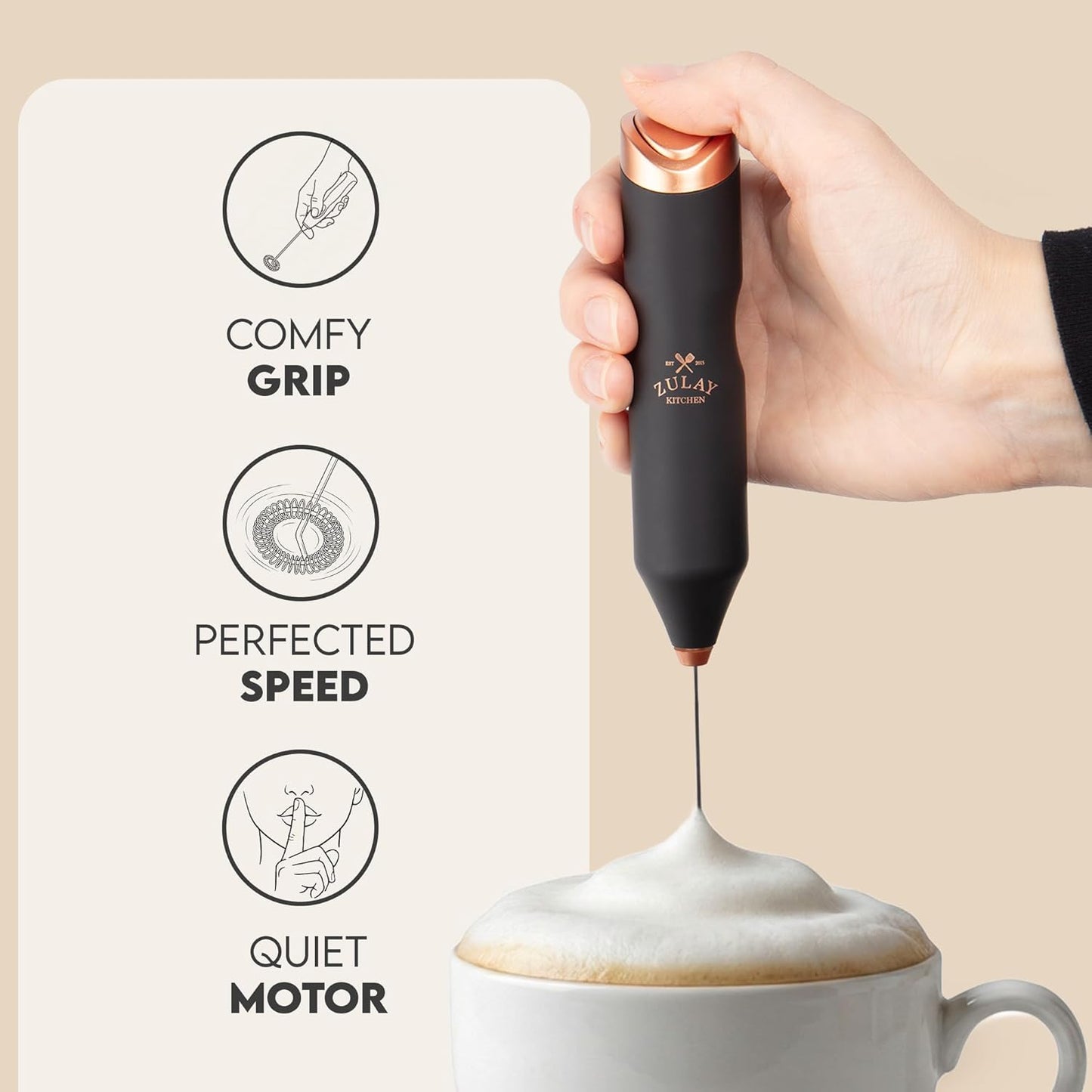 Zulay Kitchen Powerful Milk Frother AA Batteries Included – Ultra Fast Handheld Drink Mixer with Stainless Steel Whisk Stirrer for Coffee, Protein, Matcha & More, Frother Wand Electric Frothmate Black - Colors E