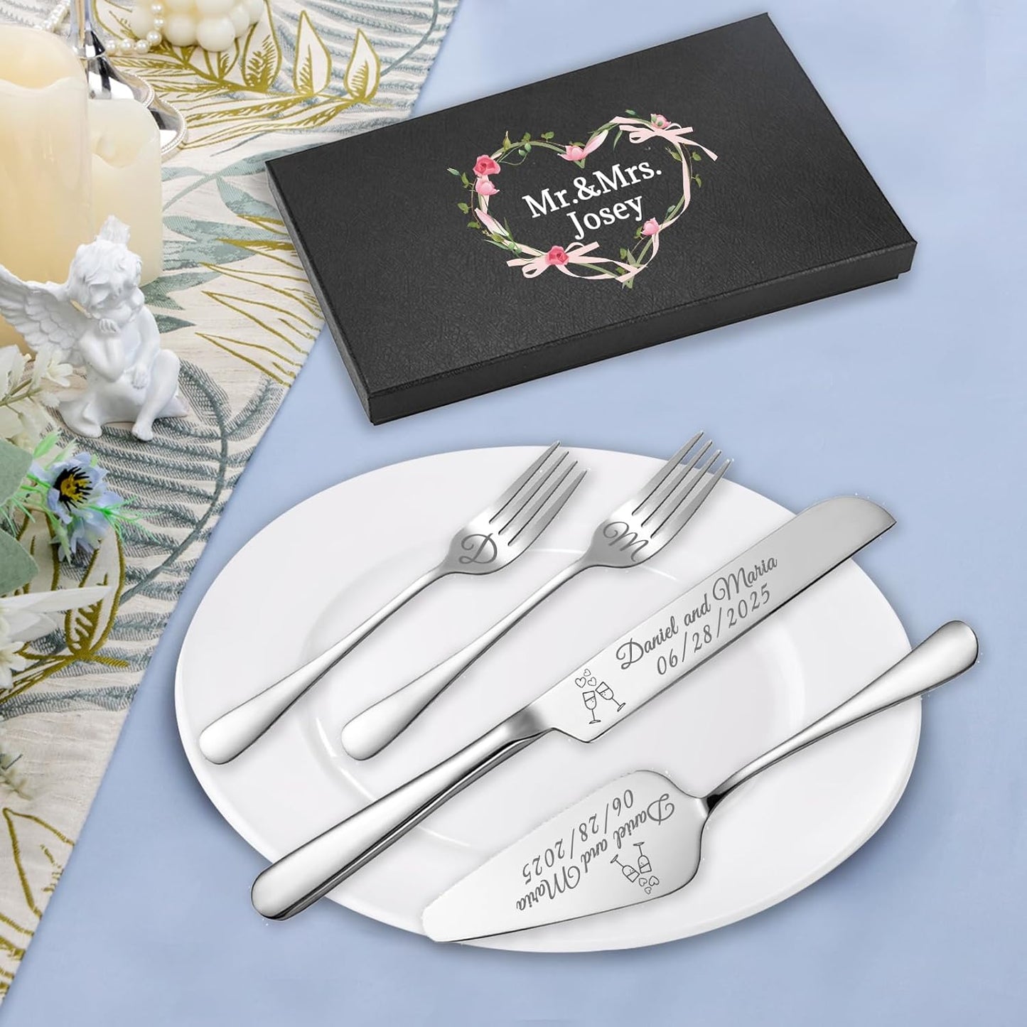 Personalized Wedding Cake Knife and Server Set, Wedding Gold Cake Cutting Set with Stainless Steel Forks, Customized Bridal Anniversary Birthday Wedding Registry Gifts for Couple (Non-customized)