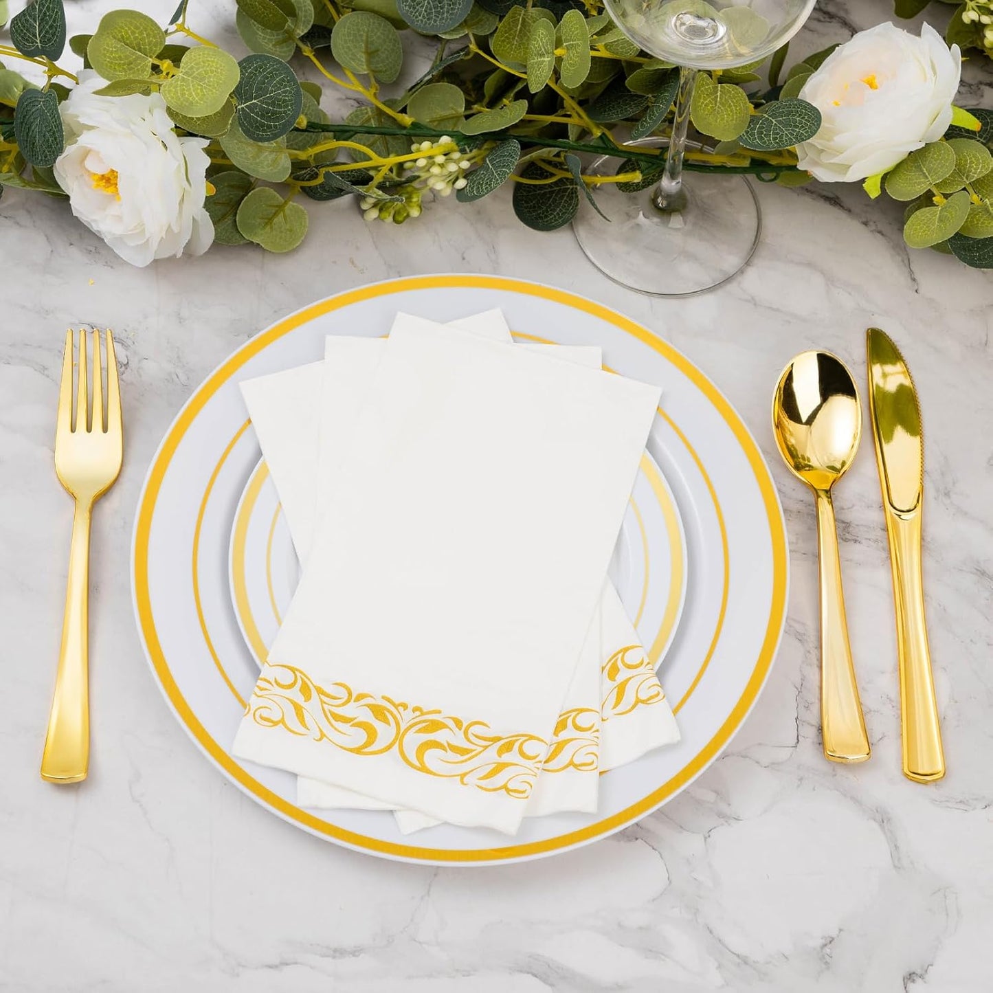 BESTVIP 200 Pack Disposable Paper Napkins, 3-Ply Dinner Napkins with Gold Trim for Guests, Bathroom Paper Hand Towels Soft and Absorbent, Perfect for Kitchen, Dinner, Party, Wedding or Event