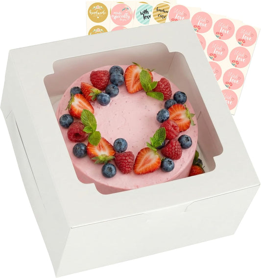 12x12x6 inch Cake Boxes 20 pcs, Large 12 inch Cake Box with Window for 6 Inch Tall Large Bakery Cakes, Pies, Sturdy Square White Cardboard, Cake Decorating Supplies (80 Pcs Stickers)