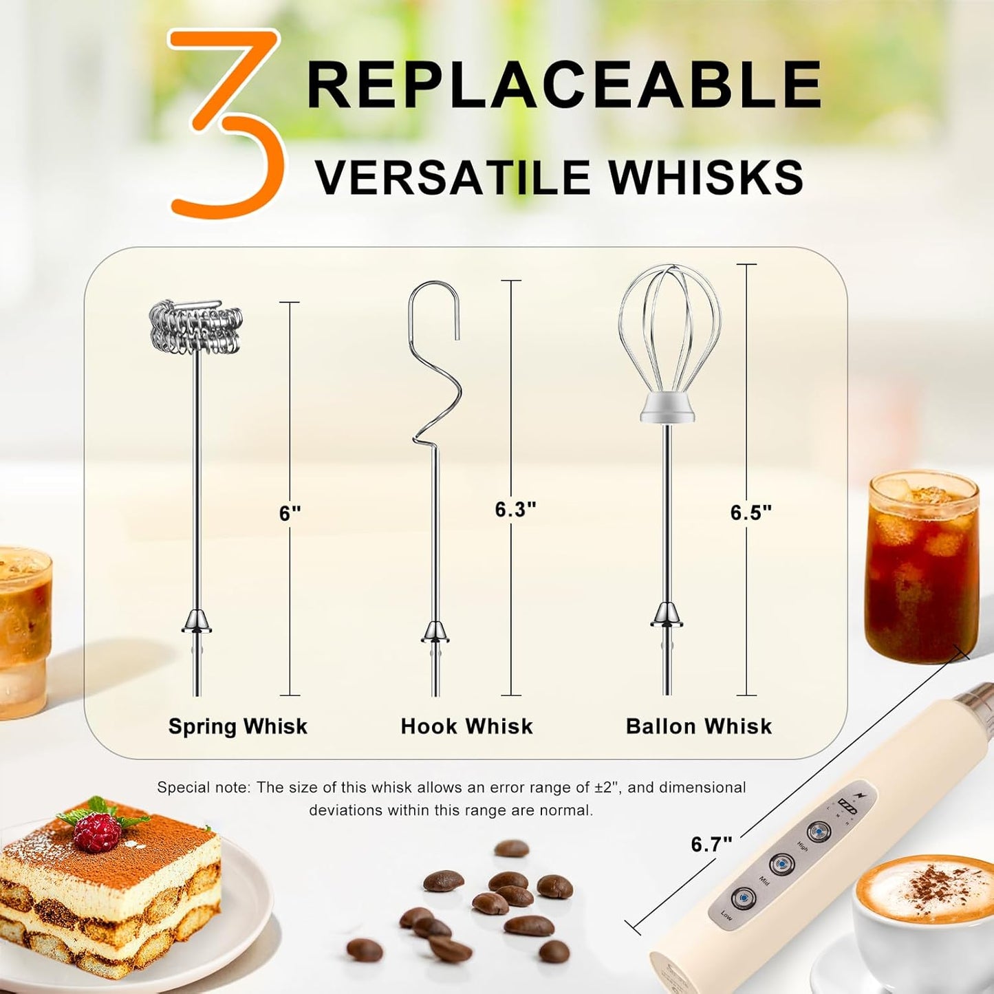 YUSWKO Black Handheld Milk Frother Wand for Coffee, Rechargeable Electric Whisk with 3 Heads 3 Speeds Drink Mixer Coffee Frother For Latte, Cappuccino, Hot Chocolate, Egg