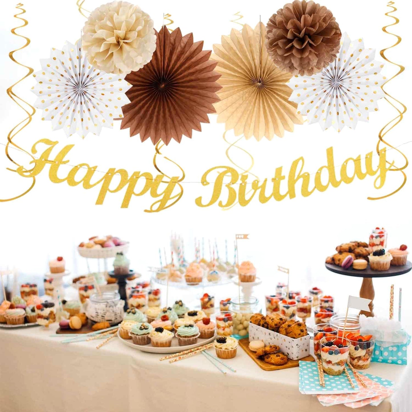 Champagne-Gold Beige Fall Boho Birthday Party-Decorations - 21pcs Autumn Neutral Retro Happy Banner,Girl One Sweet Peach Paper Streamers Lanterns,Tissue Pom Poms Fan,Rustic Backdrop Decor Huglony