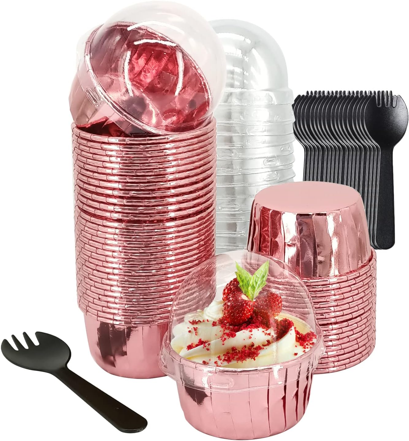 Cupcake Liners with Lids 50 Pack,LNYZQUS 5oz Large Foil Cupcake Cups Muffin Tins,Disposable Baking Cups Muffin Liners Wrappers Holders for Wedding Valentine-Pink in gold