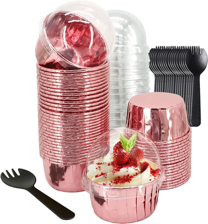 Cupcake Liners with Lids 50 Pack,LNYZQUS 5oz Large Foil Cupcake Cups Muffin Tins,Disposable Baking Cups Muffin Liners Wrappers Holders for Wedding Valentine-Pink in gold