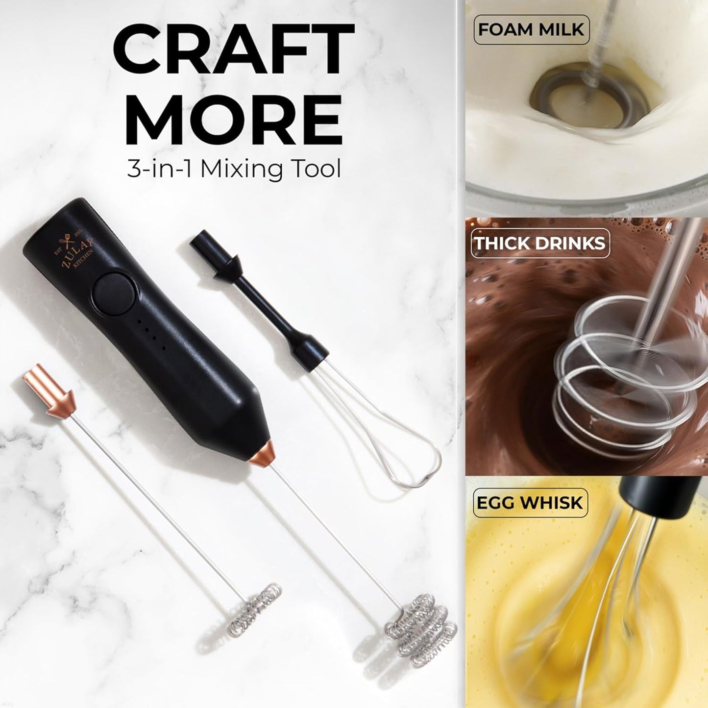 Zulay Kitchen Powerful Milk Frother Wand With Duracell Batteries - Ultra Fast Handheld Drink Mixer - Electric Whisk Foam Maker for Coffee, Lattes, Cappuccino & Matcha - Z1 Motor - Black - Colors C