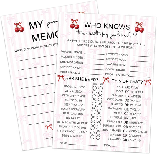 Cherry Birthday Party Games, Who Knows The Birthday Girl Best & Favorite Memory, Sleepover Party & Acticities Supplies, Girls Birthday Night Game Ideas, Set of 20 Birthday Game for Teen Adults /03