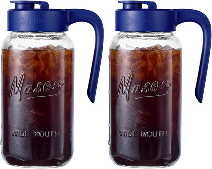 Mason Jar Pitcher - Airtight & Leakproof Glass Pitcher with Lid, Perfect for Breastmilk, Cold Brew, and Sun Tea, 2 Quart (64 oz) 1/2 Gallon Mason Jar with Pour Spout Lid