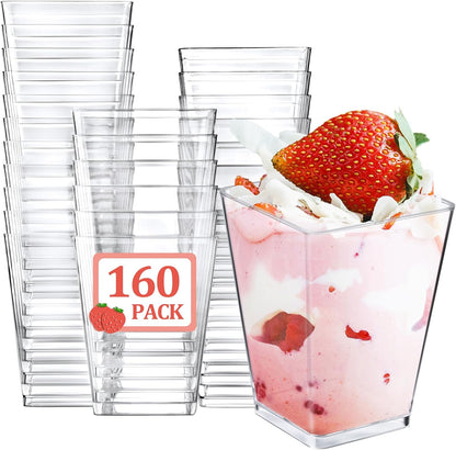 Eupako 100 Pack 5 oz Square Clear Plastic Dessert Cups with Spoons Small Clear Plastic Tumbler Cups Great for Desserts, Appetizers, Puddings, Mousse, Parfait