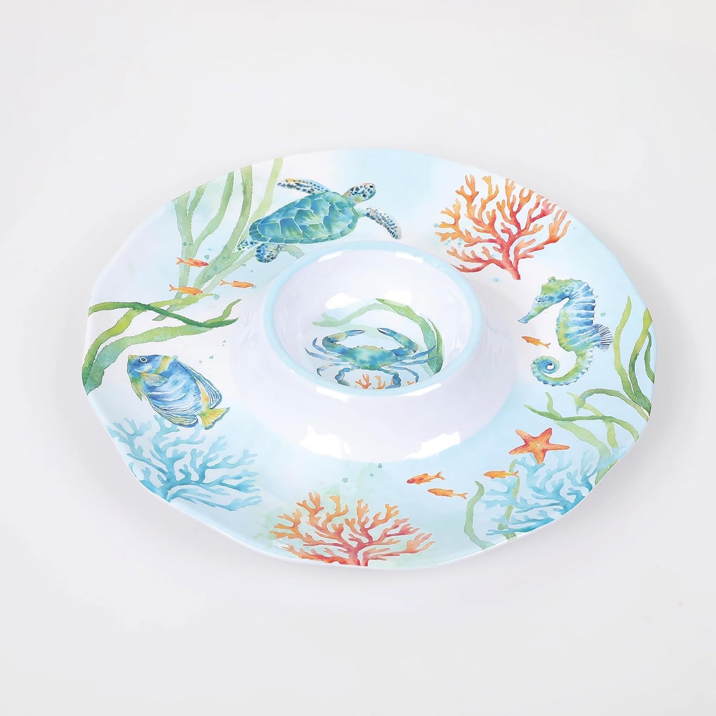 UPware Sea Life Melamine Chip and Dip Serving Tray, Round Serving Platter for Chips, Salsa, Fruit, and Snacks, Multicolor, 13.5 Inch