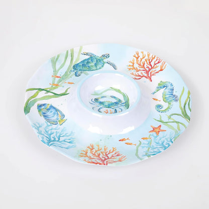 UPware Sea Life Melamine Chip and Dip Serving Tray, Round Serving Platter for Chips, Salsa, Fruit, and Snacks, Multicolor, 13.5 Inch