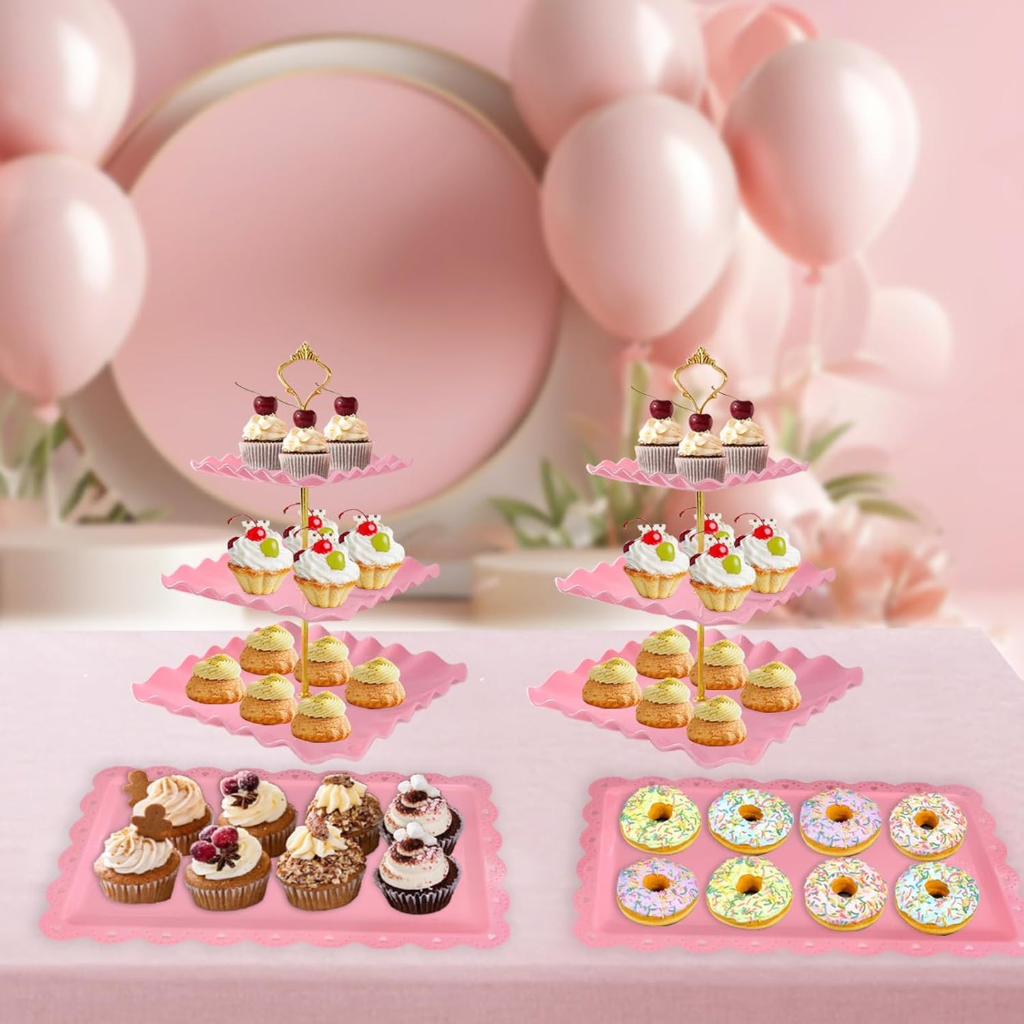 5 Pcs Dessert Table Display Set, White Plastic 2 Pcs Round 3 Tier Cupcake Stand Cup Cake Tower Stand with Metal Rod & 3 Pcs Serving Tray for Baby Shower, Tea Party, Wedding, Birthday Party