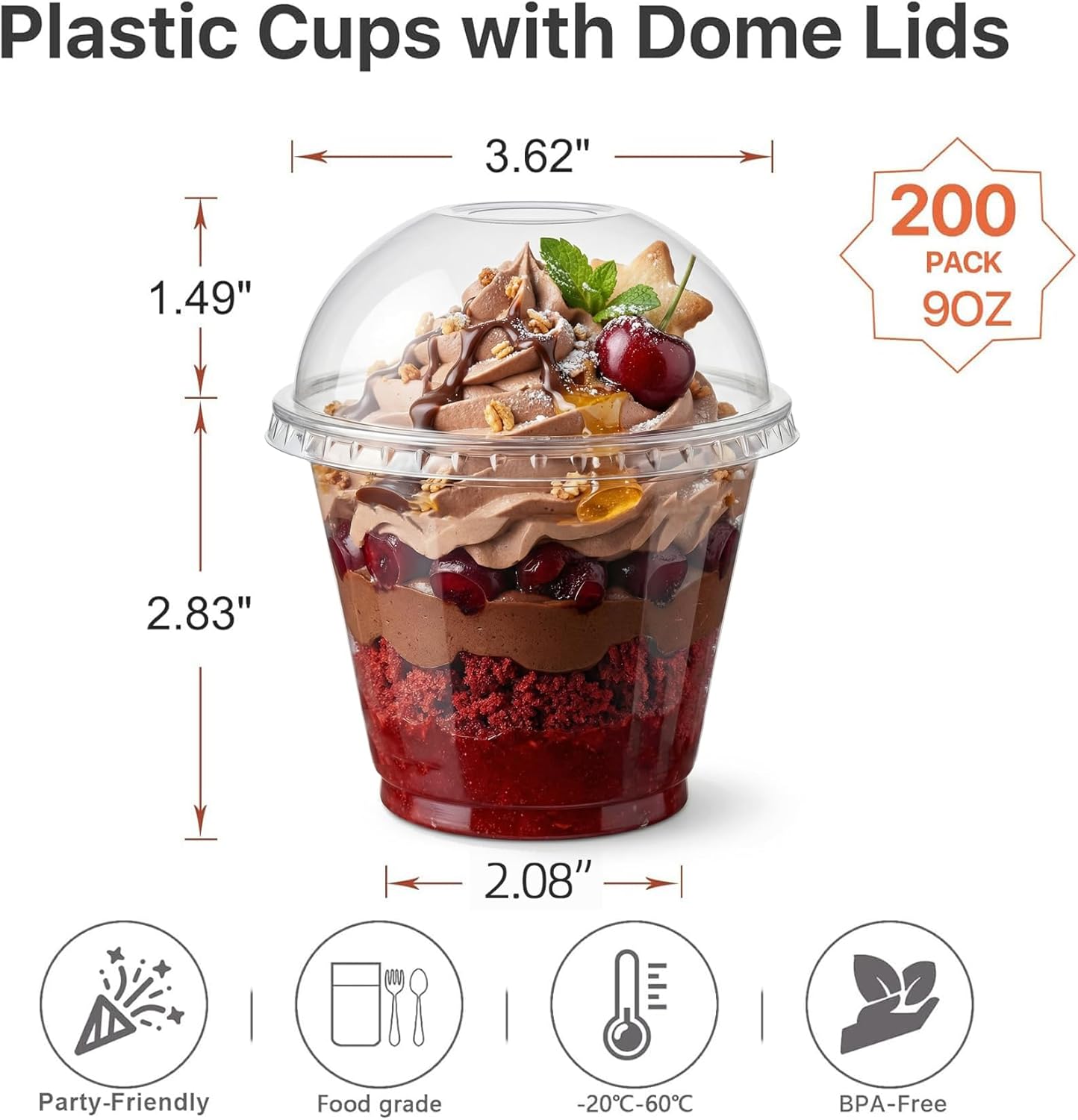 Lullaby 200Pack 9oz Clear Plastic Cups with Dome Lids, Dessert Cups with Lids, Disposable Parfait Cups, Party Cups Cupcake for Parties and Daily Use