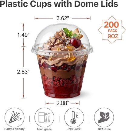 Lullaby 200Pack 9oz Clear Plastic Cups with Dome Lids, Dessert Cups with Lids, Disposable Parfait Cups, Party Cups Cupcake for Parties and Daily Use