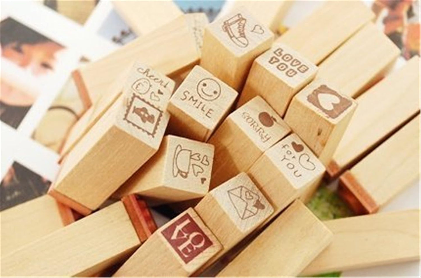 Pack of 25 Pcs Small Green Happy Life Shape Wooden Rubber Stamps with Box for DIY Craft Card and Photo Album (Green)