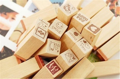 Pack of 25 Pcs Small Green Happy Life Shape Wooden Rubber Stamps with Box for DIY Craft Card and Photo Album (Green)