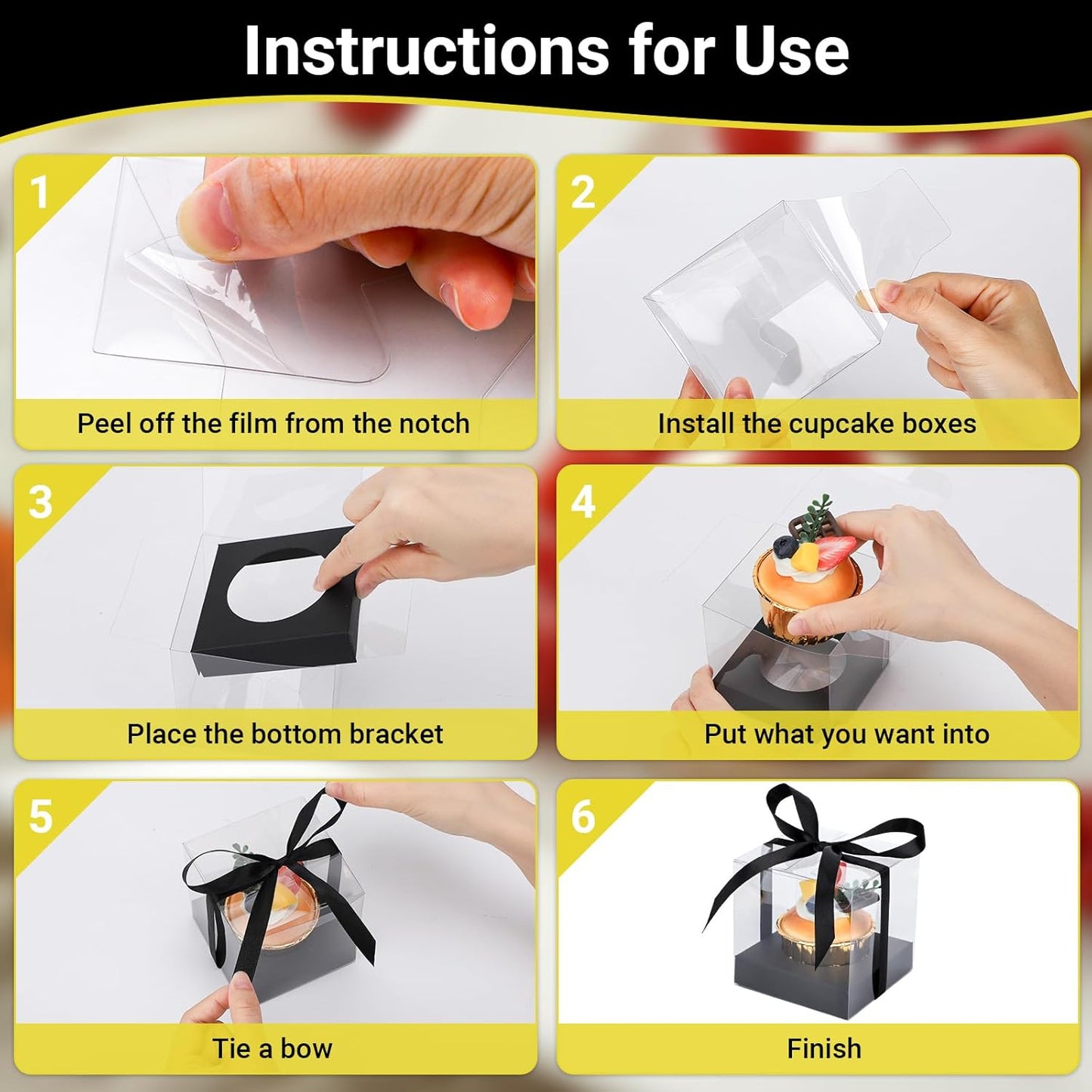 EUSOAR Individual Cupcake Holder, 50pcs 3.5 Inch Plastic Black Cupcake Containers with Lids, Single Transparent Display Clear Cupcake Carrier with Ribbon and Inserts for Wedding Party Favor