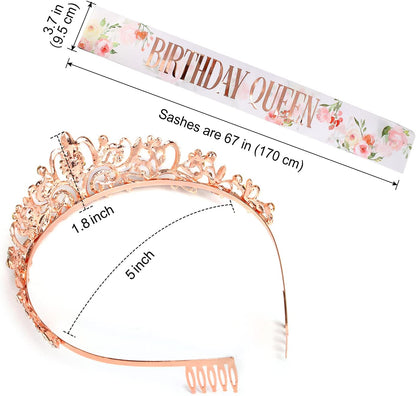 COCIDE Birthday Queen Sash & Rhinestone Tiara Set Gold Happy Birthday Crowns for Women Party Decoration Kit Rhinestone Headband for Women Glitter Crystal Hair Accessories for Cake Topper