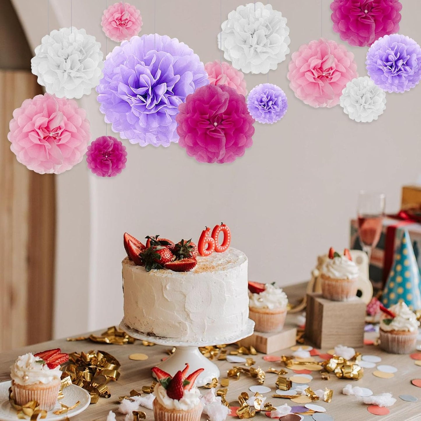 Tissue Paper Pom Poms, Pink Tissue Paper Flowers, Hanging Flower Balls for Weddings Fiesta Parties Birthday Baby Showers Classroom Bridal Shower Decoration (18Piece Set-6/10/12/14Inch)